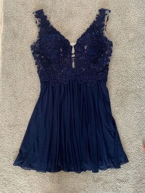 Sherri Hill Navy blue A-Line Dress with beaded embroidery